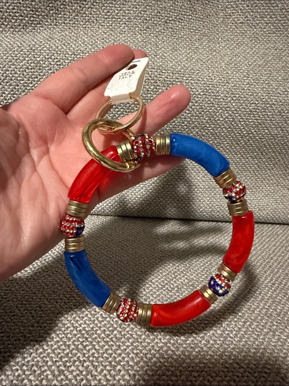 Gold-Tone Red & Blue Keyring with Crystal Accents new